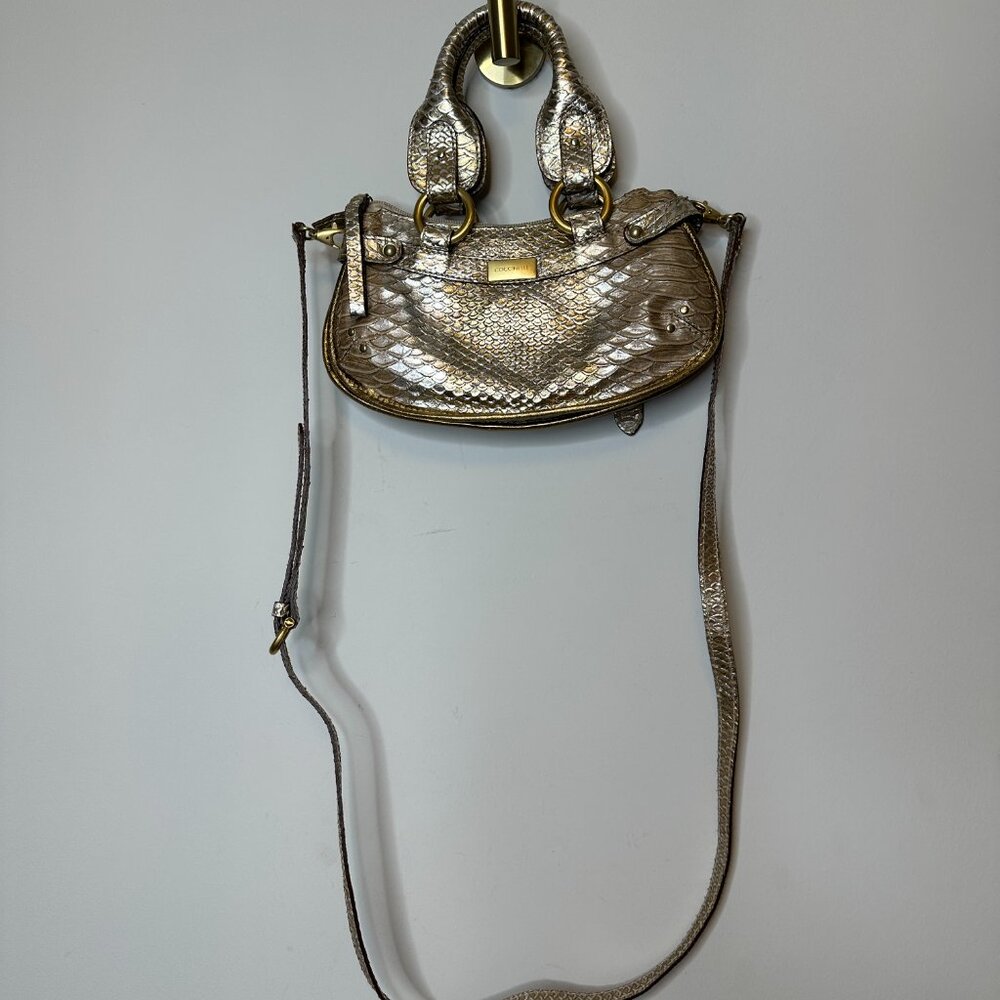 Coccinelle Gold Leather Snakeskin Handbag with Removable Strap - Picture 3 of 6